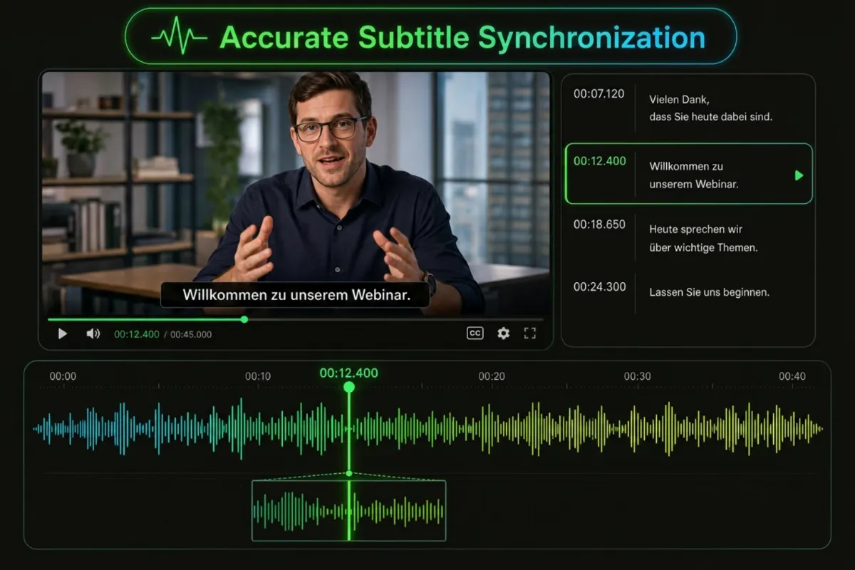 Automatically synchronized German subtitles with accurate subtitle timing and caption alignment